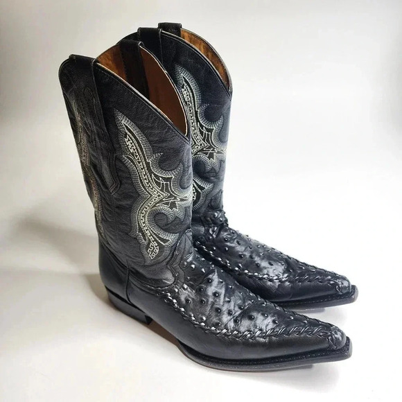 El General Limited Edition Black Ostrich Leather Cowboy Boots Men's Size 8 - Picture 1 of 11